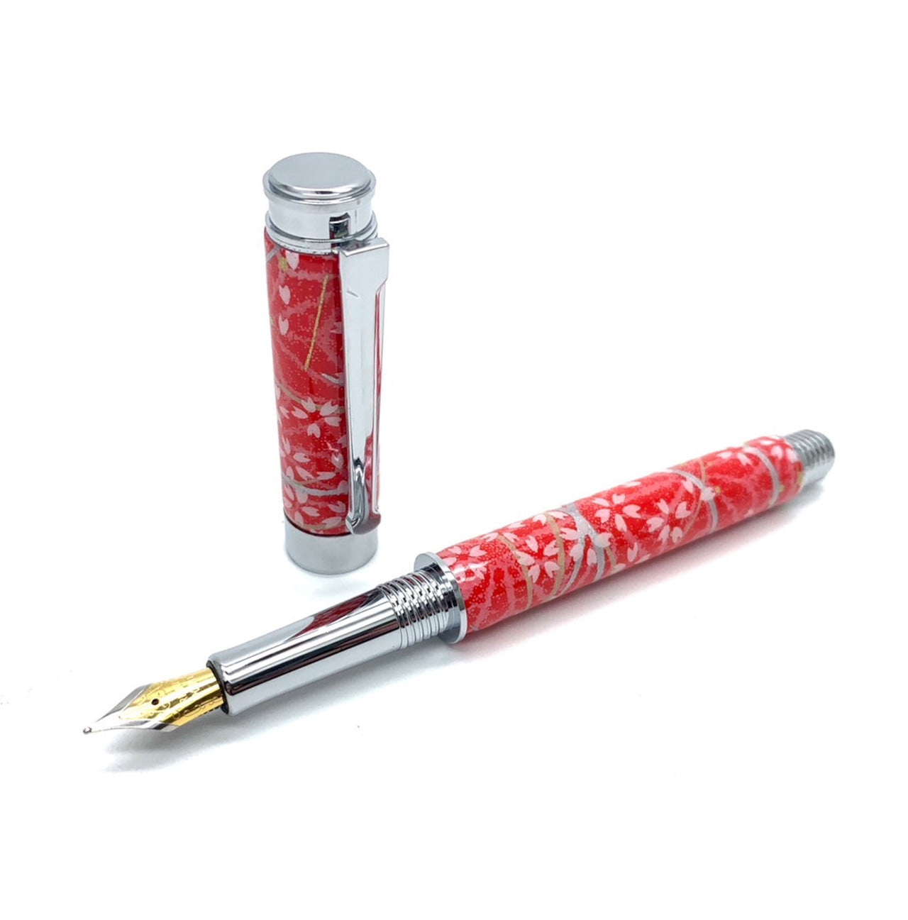 美濃和紙 友禅柄 万年筆 桜と麻の葉 /赤色 TWM1604 コンバータ付