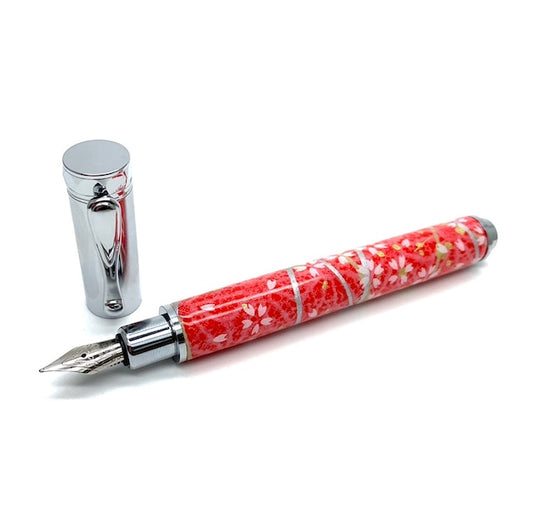 Miyabina Mino Washi Yuzen Pattern Magnet Cap Fountain Pen Cherry Blossom and Hemp Leaf/Vermilion TWM2304